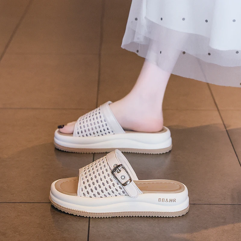 Women's versatile flat fashion slides solid one strap open toe sandals slip wear resistant casual slippers spring summer daily