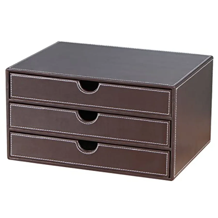 

Stackable 3-Drawer Desk Organizer, Executive Office Supplies Desktop Filing A4 File Cabinet/Holder, Leather Storage Box for Doc