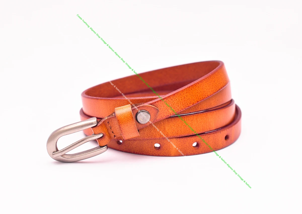 Alloy PIn Buckle Women Belt Orange Genuine Cowhide Leather Female Waist Belt Simple Thin Waistband for Dress Coat