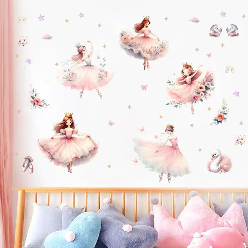Cute  beautiful castle crown princess wall stickers, dreamy dancing girl stickers, creative girl room dance decoration paintings