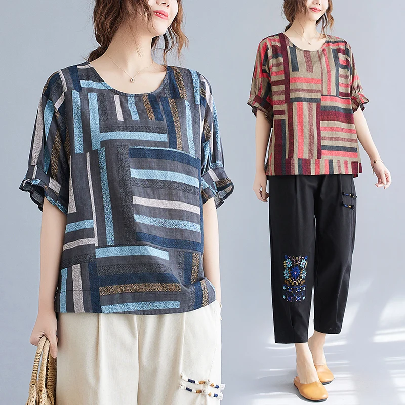 

Модный хлопковый льняной комплект, полосатая футболка с эластичной резинкой на талии и вышивкой, брюки Харлан из девяти предметов, большие размеры, женский комплект из двух предметов