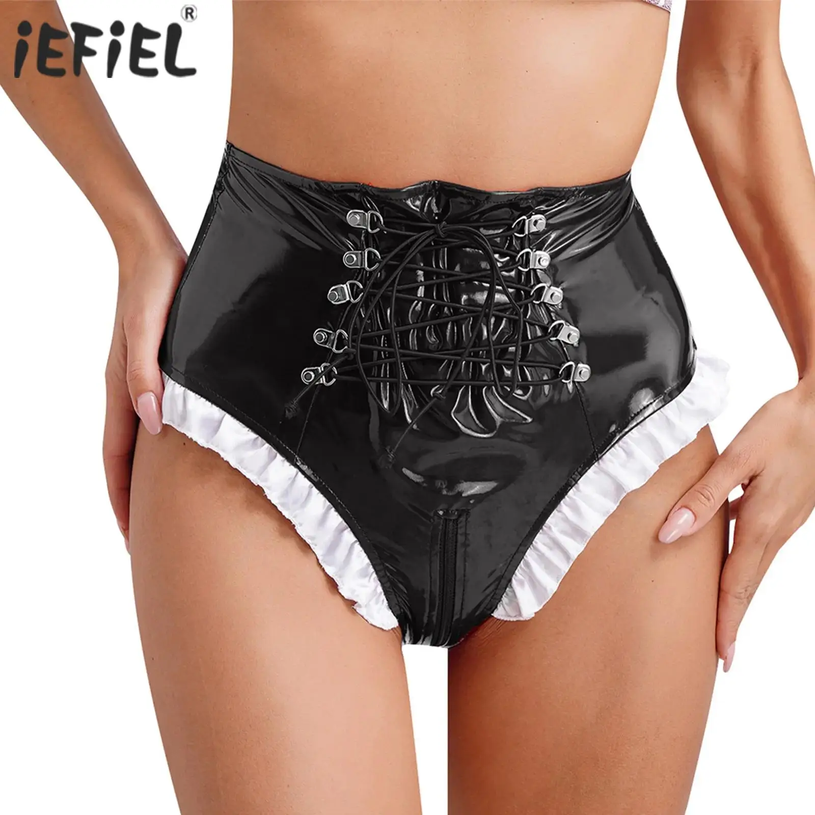 Womens Glossy Briefs Patent Leather Frilly Maid Knickers High Waist Underwear Sexy Boxer Shors Lingerie for Nightclub Role Play