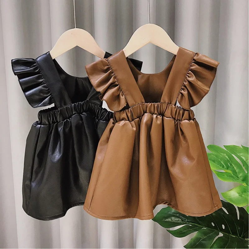 

Children's Suit Girls Fashionable Stylish Leather Skirt Flying Sleeve Dress Striped Mock-Neck Undershirt SetD65