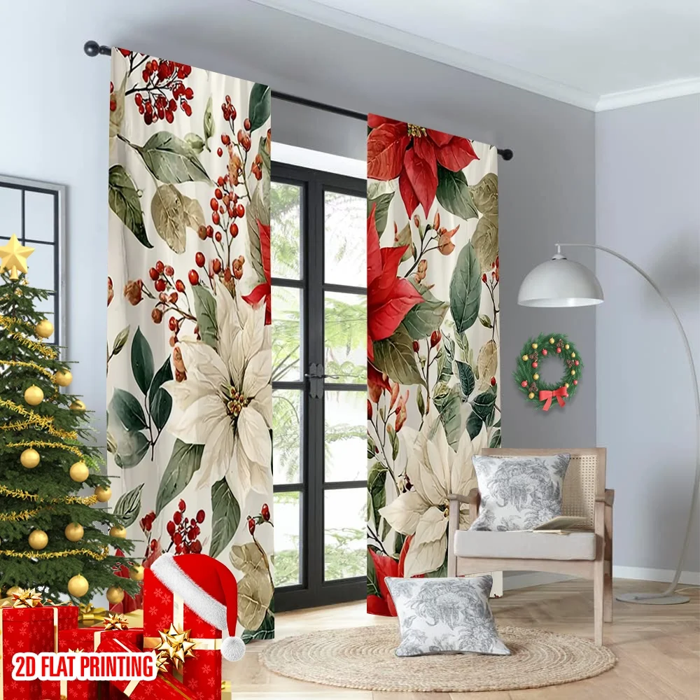 2 قطعة 2D الطباعة المسطحة عيد الميلاد الساخن ستائر الحفلات عيد ميلاد سعيد الأحمر يترك الرقمية المطبوعة البوليستر الستائر حفلة عيد ميلاد