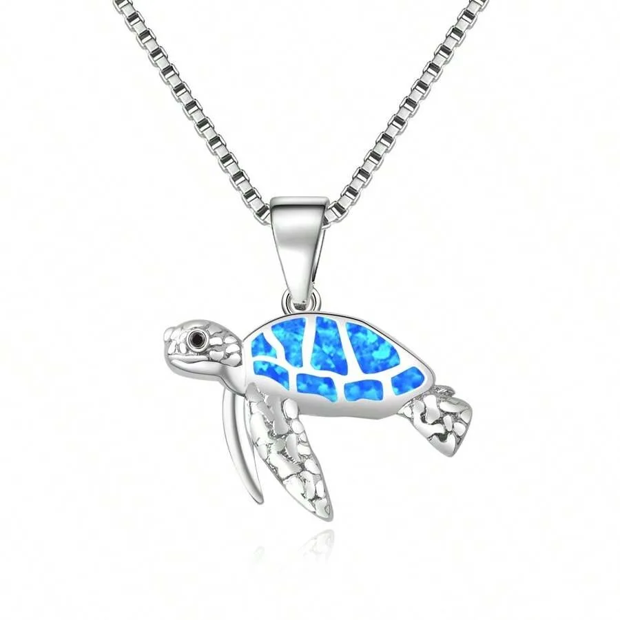 

Women's Necklace: New European And American Ocean Series Blue Opal Turtle Necklace, Turtle Pendant Sweater Chain, Opal Necklace