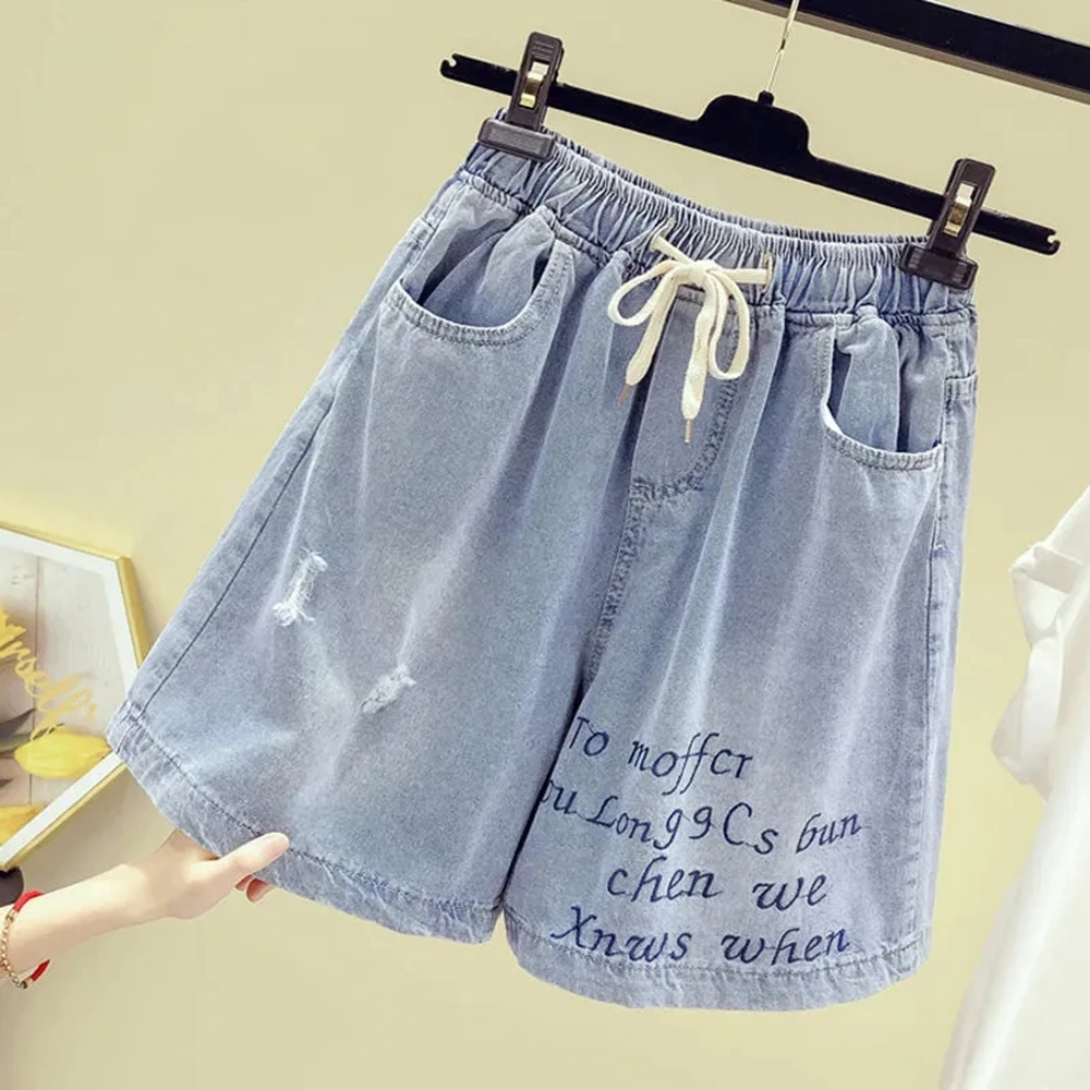 Summer Denim Shorts women Plus Size Elastic High Waist Ladies Shorts Female Hole Letter Loose Womens Denim Short Pants