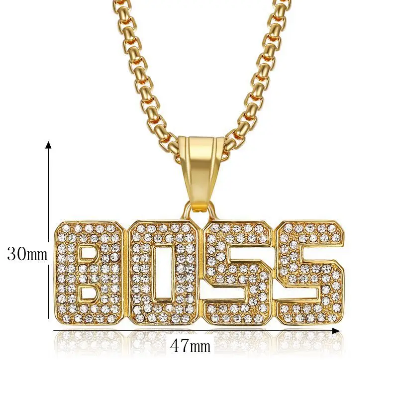 Hip Hop Bling Iced Out Rhinestone Stainless Steel Boss Letters Pendant Necklace for Men Rapper Jewelry Drop Shipping