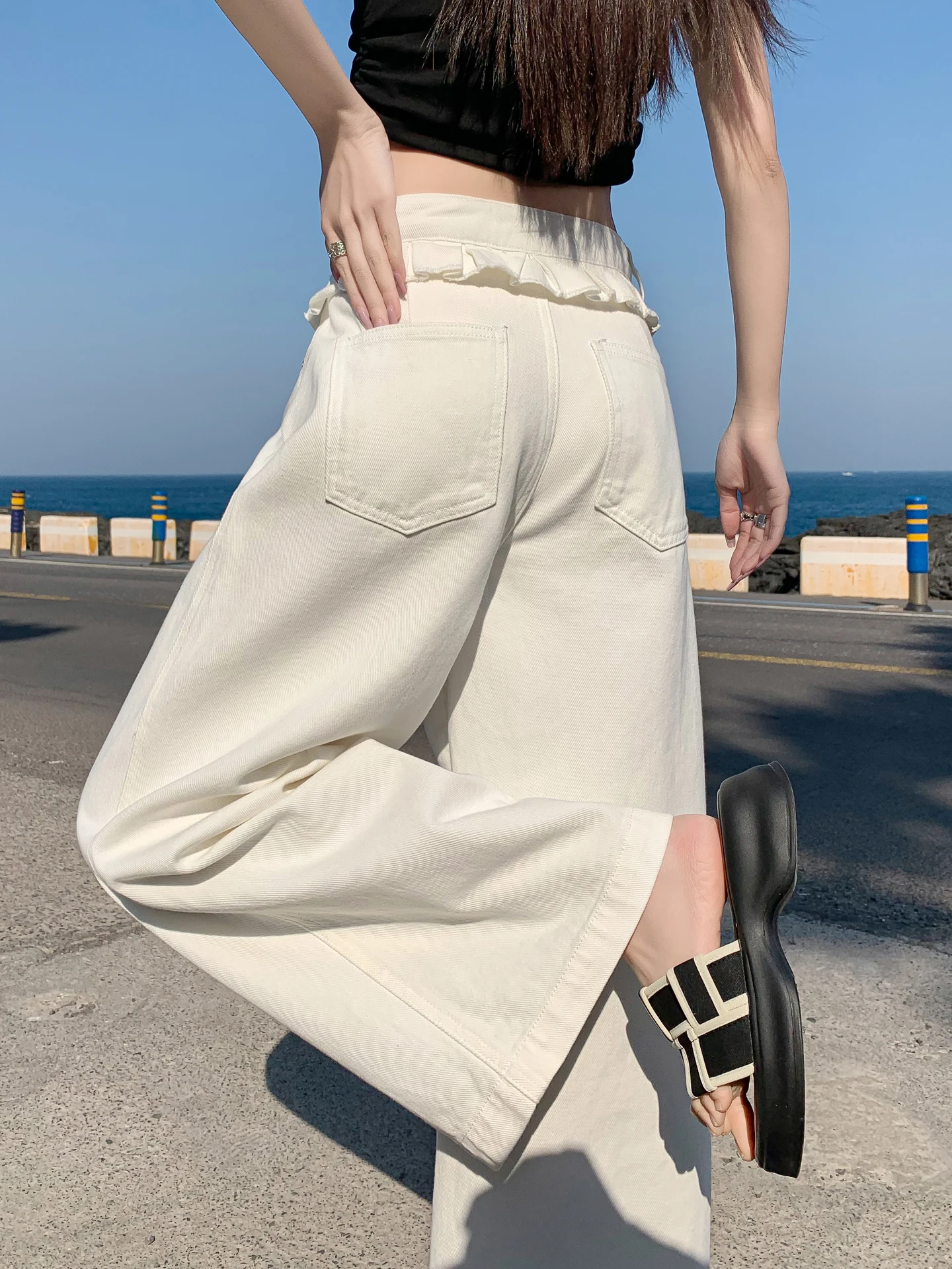 

American Style Ruffle Wide Leg Jeans Women Summer New Small Size Eighteen Pants High Waist Slim Loose Straight Nine Points