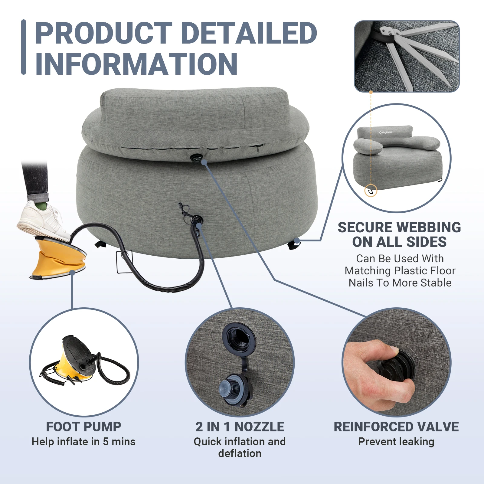أريكة KingCamp القابلة للنفخ، كرسي محمول قابل للنفخ فردي مناسب للمنزل والتخييم في الهواء الطلق والسفر