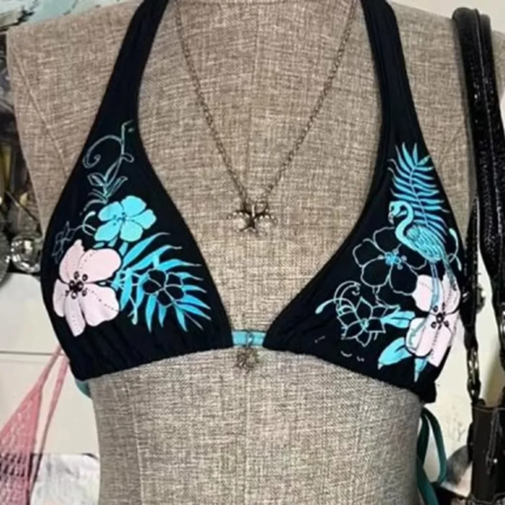 Fashion Vintage Bikini Set Flower Print Adjustable Swimsuit Low Waist Sexy Halter Strap Swimwear Beach Wear