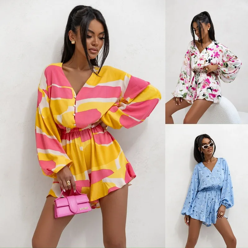 

European and American Style Summer Printed Jumpsuit Long-sleeved V-Neck Casual Vacation Jumpsuit for Women