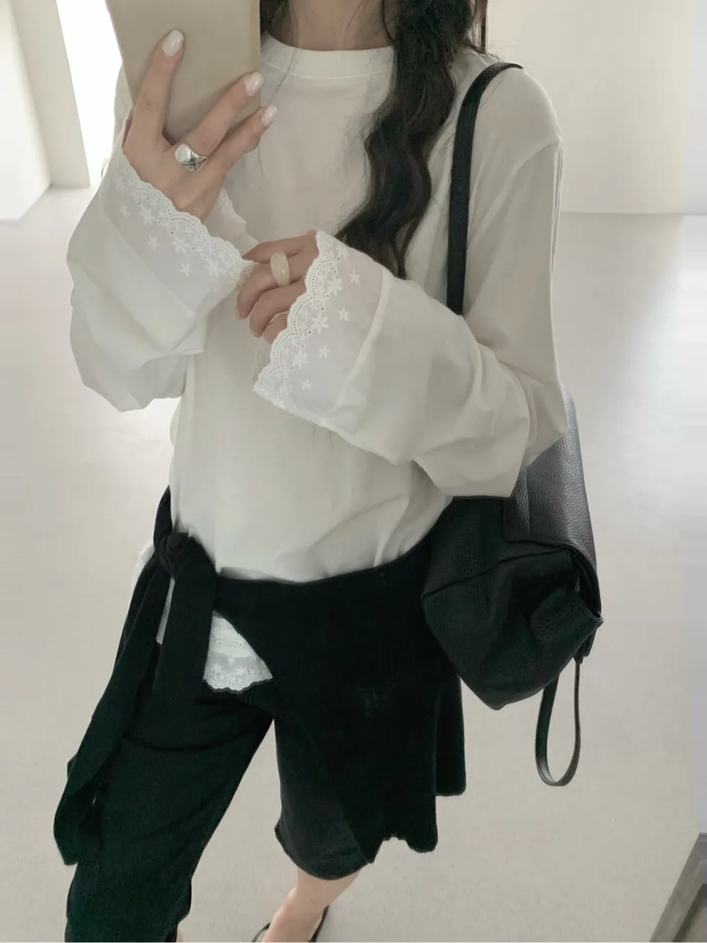 

Футболка Lilian Seven Meter в корейском стиле с кружевной отделкой и длинными рукавами, универсальная, на каждый день, весна-лето-осень