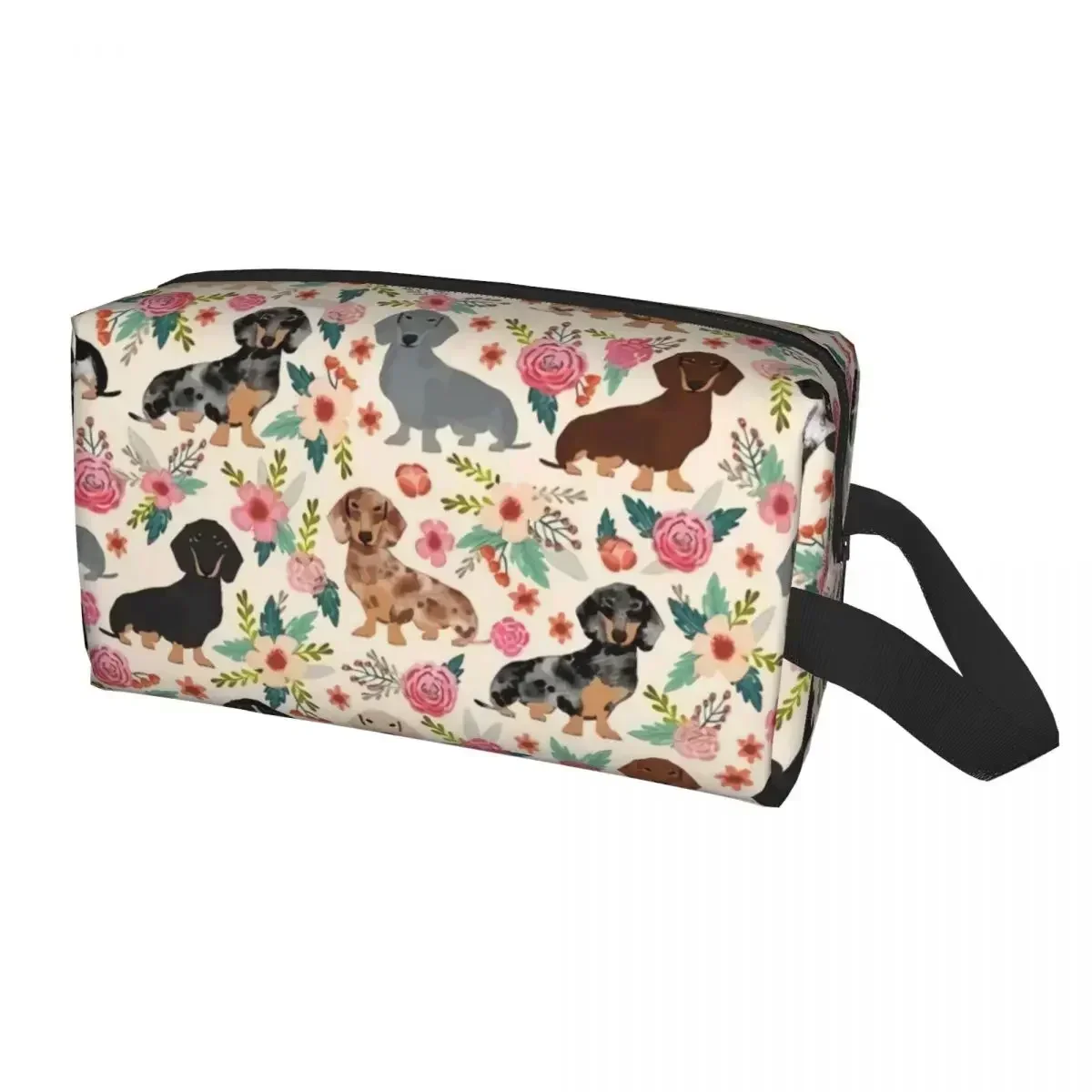 Custom Doxie Florals Dachshund Toiletry Bag for Women Sausage Dog Lovers Makeup Cosmetic Organizer Lady Storage Dopp Kit Case