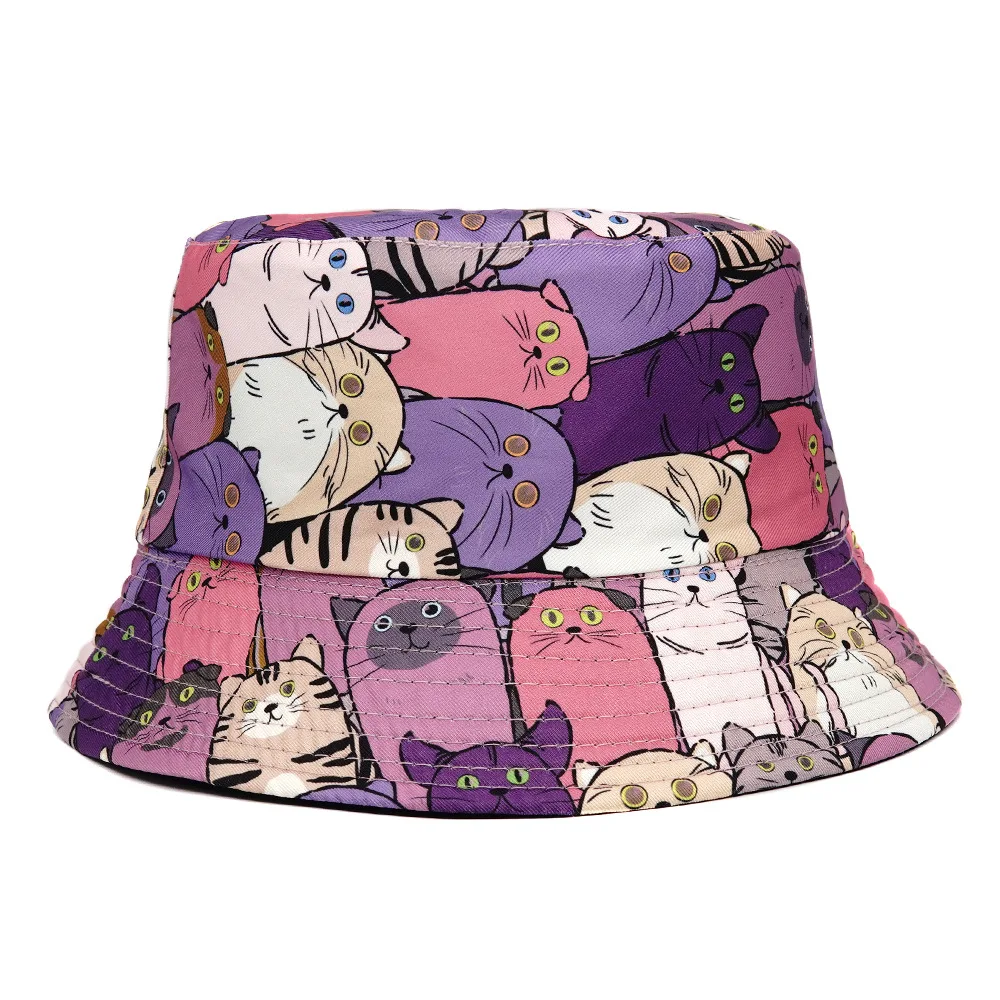 European and American New Cat Print Bucket Hats for Men and Women 2024 Summer Outdoor Leisure Sunscreen Versatile Basin Caps