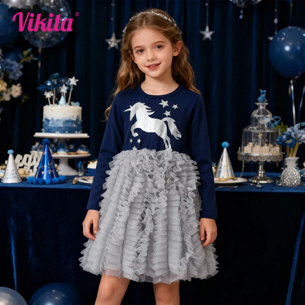 VIKITA Mädchen Teenager Licorne Print Cartoon Glitzerkleid Kinder Marineblau Grau Tiered Tüll Layered Tutu Prinzessin Kleider 3-8Y
