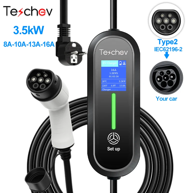 Teschev EV Charger Type 2 IEC62196-2 Portable EVSE Charging Cable 16A 3.5KW EV Charging Station Wallbox EU Plug for Electric Car