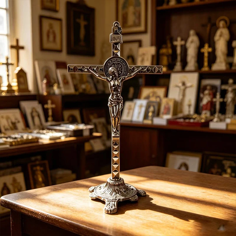 High Quality Metal Jesus Cross Standing Crucifix With Base Altar Catholic Religious Decor Christian Tabletop Ornament For Church