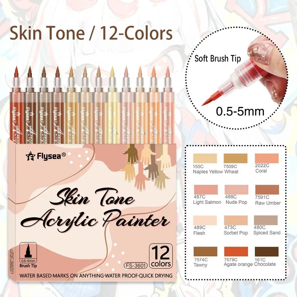 Soft Brush Tip Acrylic Marker Pen Stackable Opaque Color 12-Colors Markers Waterproof Quick-drying Acrylic Painter