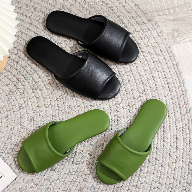 Cow Leather Slipper Womens Open Toe Slide Breathable Men Indoor Shoes