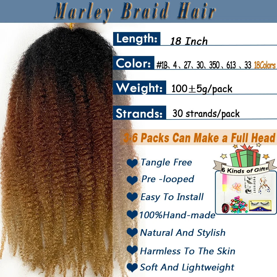 Serlity 1-6Packs 18 Inch Marley Braids Hair Synthetic Afro Kinky Marley Braiding Hair Extensions Curly Marley Twist Crochet Hair