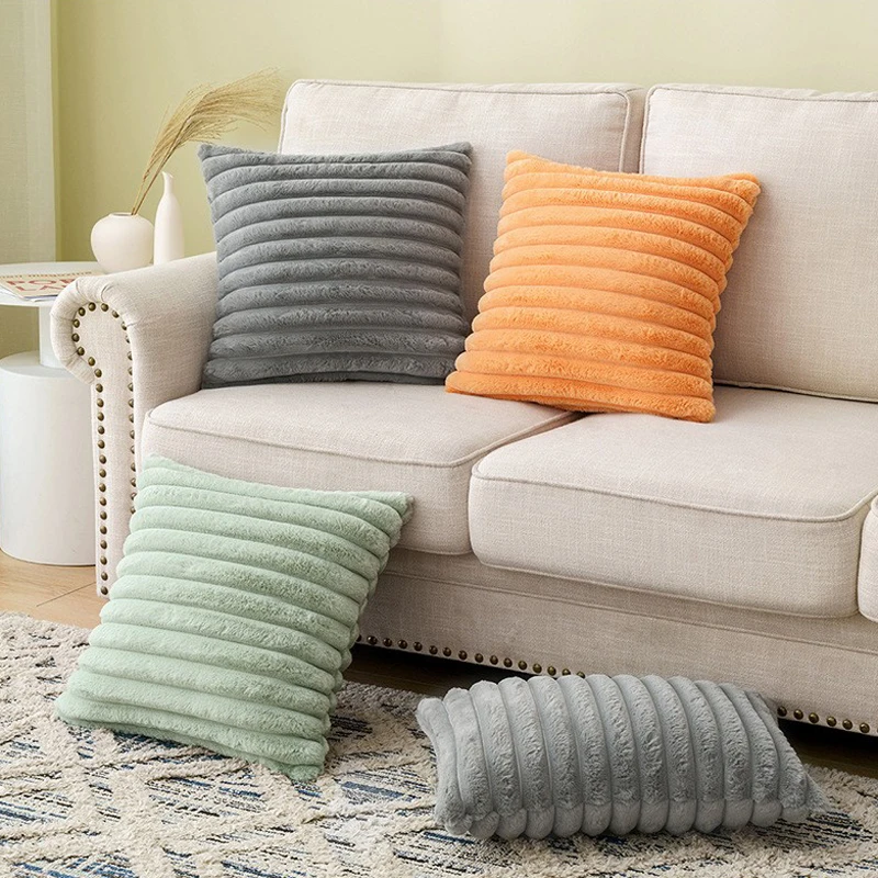 

Big Thick Stripe Plush Cushion Cover 30x50cm 45x45cm Rabbit Fur Luxury Throw Pillow Case For Bedroom Sofa Car Home Decoration