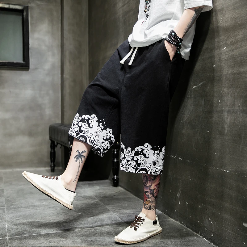 Summer Breathable Cotton and Linen Pants for Men Chinese Style Print Features Calf-length Pants Women