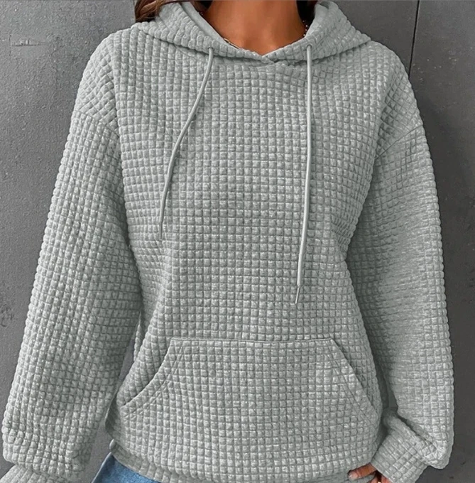 Women's Casual Top 2024 Spring Summer Latest British Style Solid Color Textured Hooded Drawstring Long Sleeved Commuting Hoodie