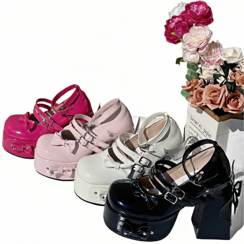 

Japanese Sweet Cute Lolita Rivet Bow Single Shoes Women's Round Head Bright Leather Waterproof Table Thick High Heels Cute Girl