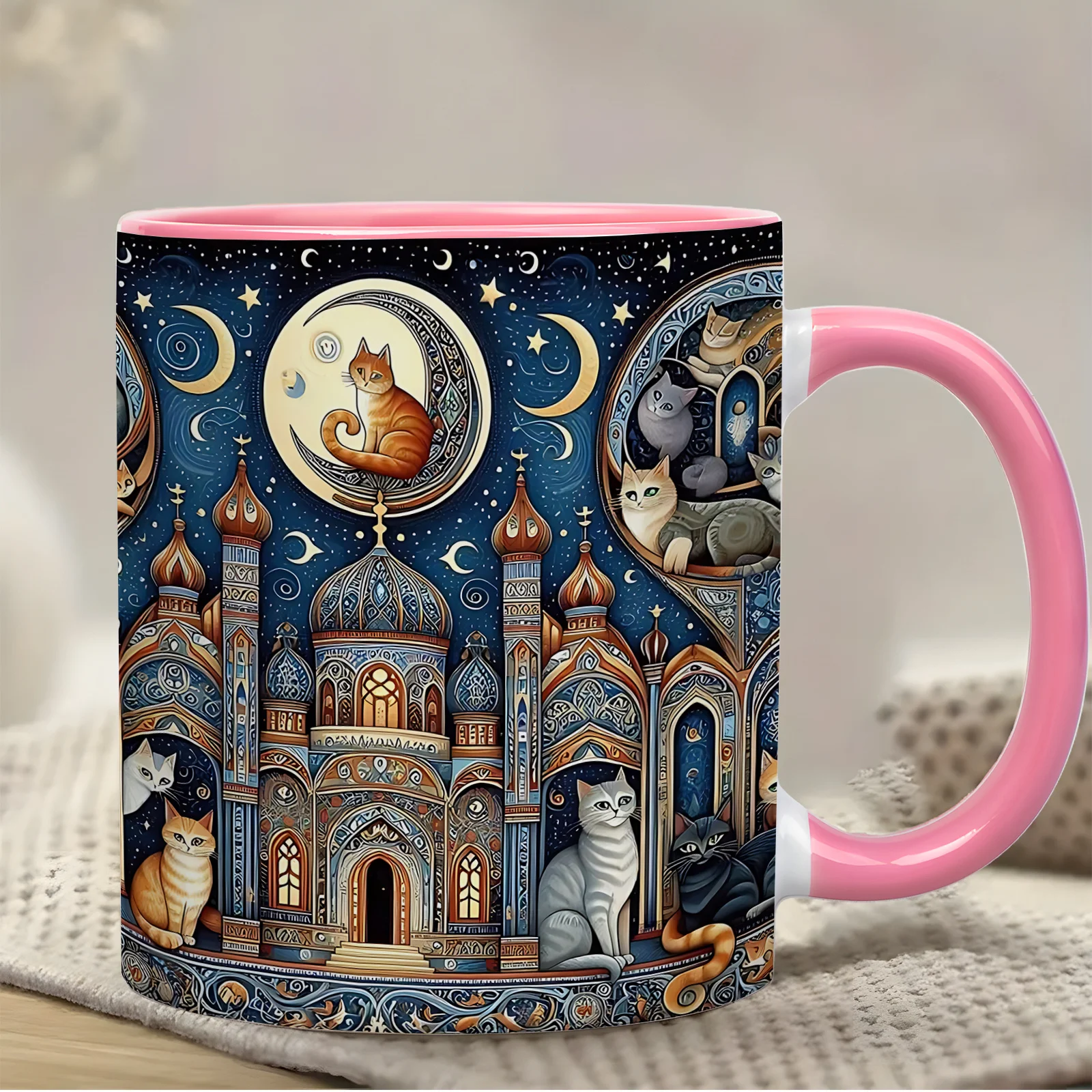 11oz Mystic Castle Moonlight Cat Pattern Ceramic Mug Unique Gift For Cat Lovers Fantasy Theme Coffee Cup Daily Use For Home And