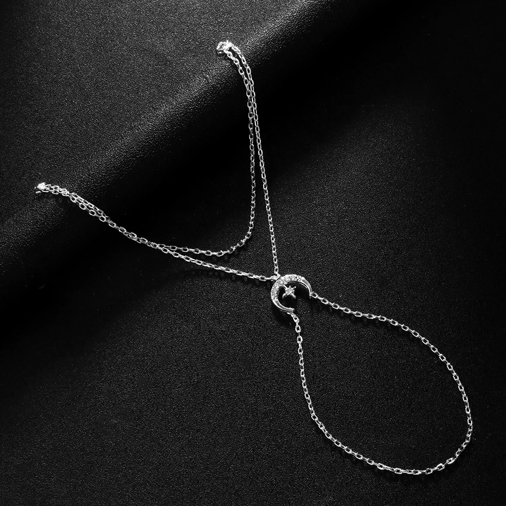 XSBODY Fashion Moon Hand Chain Bracelet Y2k Design Girl Finger Decoration Charm Star Rhinestone Bangle Chain Harness Party Gift