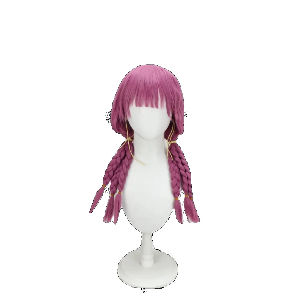 Peruca cosplay Frieren Aura cabelo trançado rosa roxo