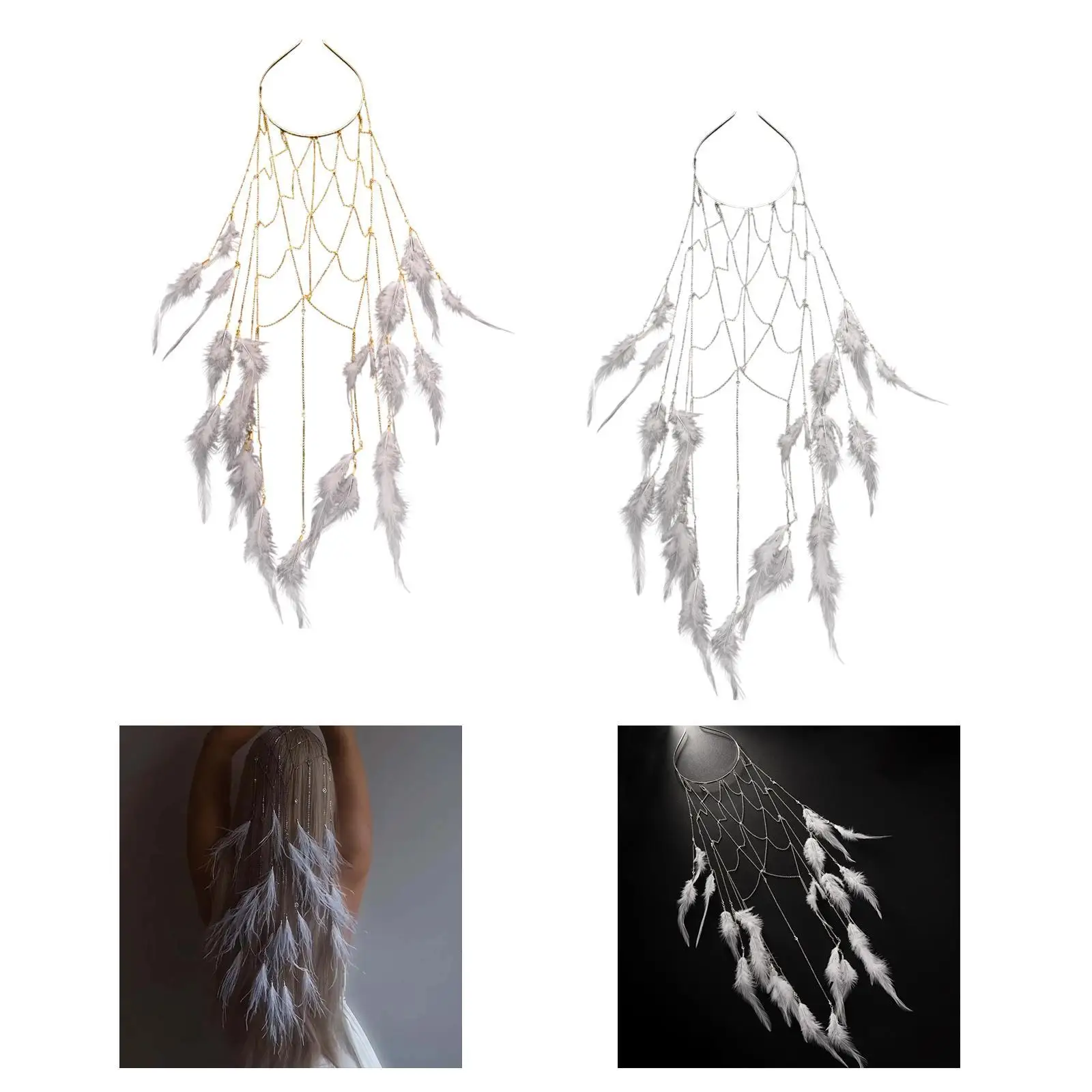 Diadema de plumas con borlas, accesorios para el cabello con diamantes de imitación para fiestas nupciales, mujer