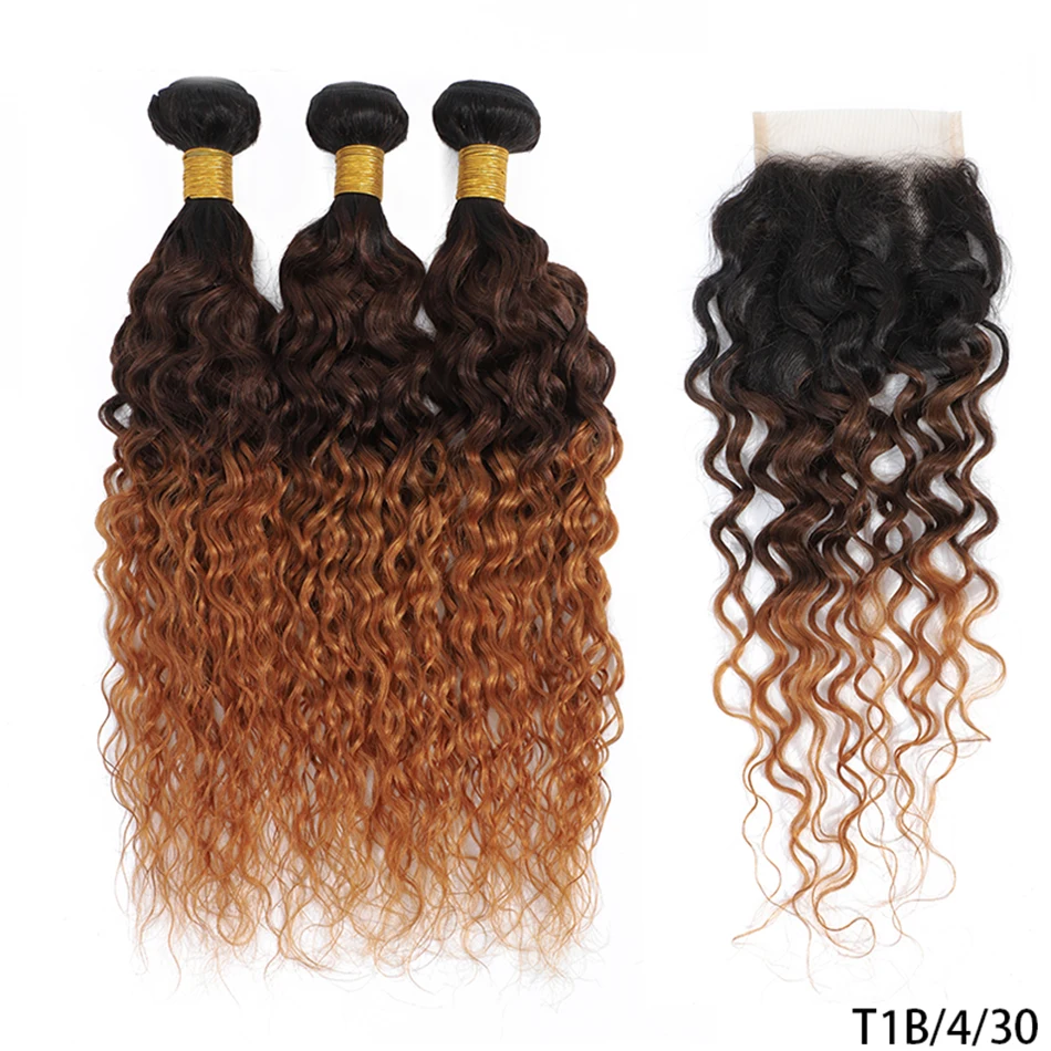 DreamDiana 10A Ombre Water Wave Human Hair Bundles With Closure 3 Bundles Peruvian Wavy Water Weave Bundles With Lace Closure