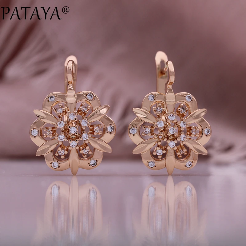 PATAYA 585 Rose Gold Color Round Flower Cubic Zircon Earrings Rings Sets Necklace Chain Jewelry 2024 New Set for Women