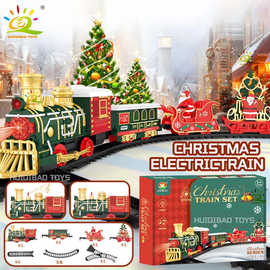 HUIQIBAO Christmas Tree Electric Train Tracks Set Santa Claus Cargo Cars With Xmas Sounds Lights Toys For Adult New Year Gift