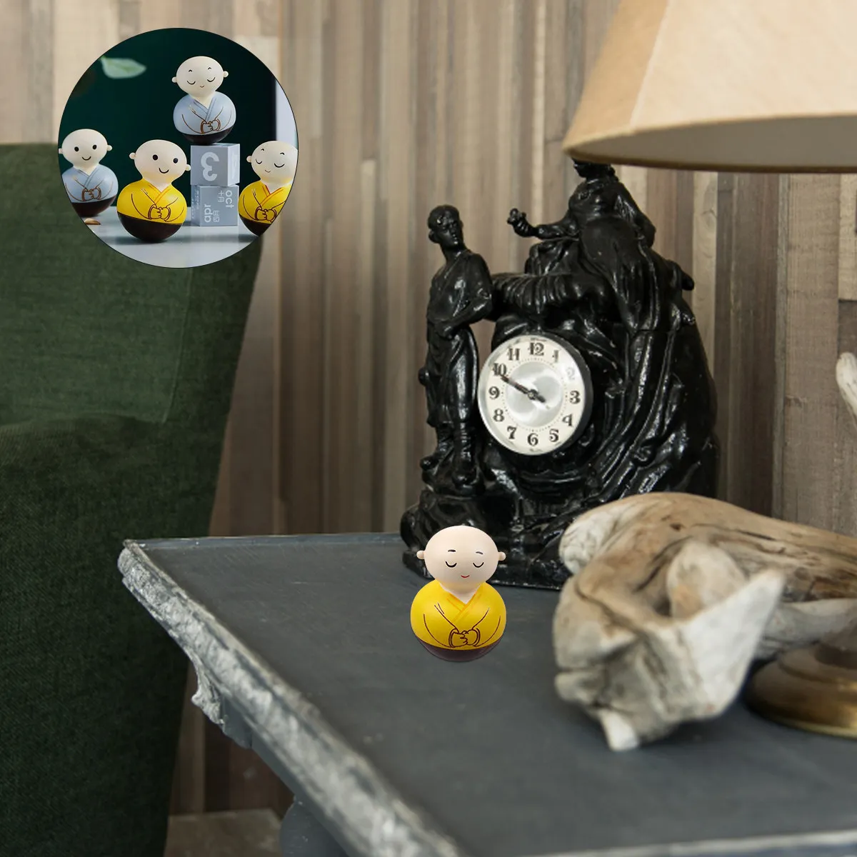 

1 шт. Уникальная качающаяся фигурка монаха, деревянное украшение для стола, для дома и офиса, ручная работа, подарок, желтый дизайн, закрытые глаза