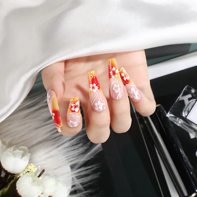 24 pçs flor imprensa em unhas gradiente laranja unhas falsas com cola outono e inverno extra longo artificial francês barato unhas