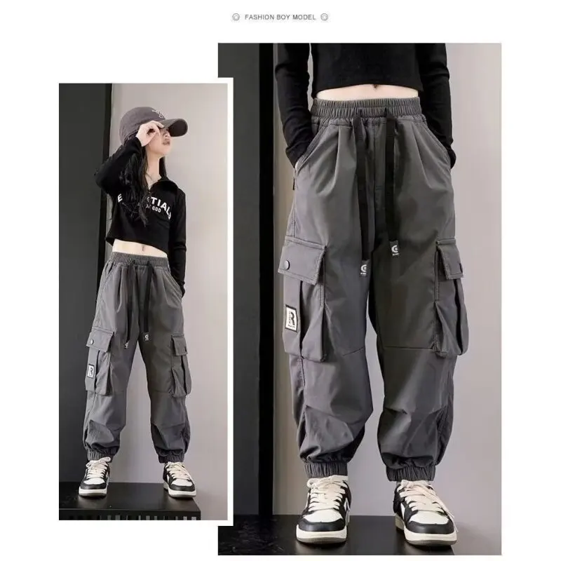 KoreanTeenager Girls\' Cargo Pants Children\'s Trousers Wide-leg Casual Pants Fashionable Loose 5 8 10 12 14 Years Old
