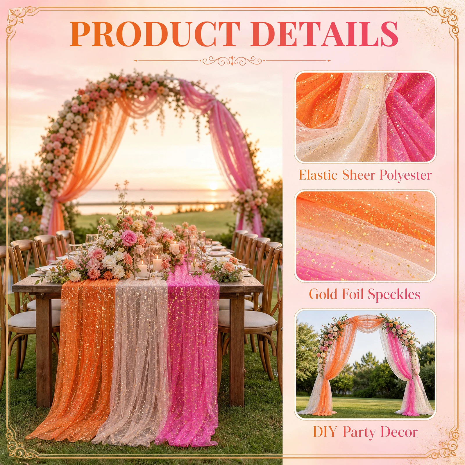 3Pcs Sunset Foil Gauze Tablecloth Runner Country Style Gauze Cheese Cloth Tablecloth For Wedding Bridal Shower Birthday Party