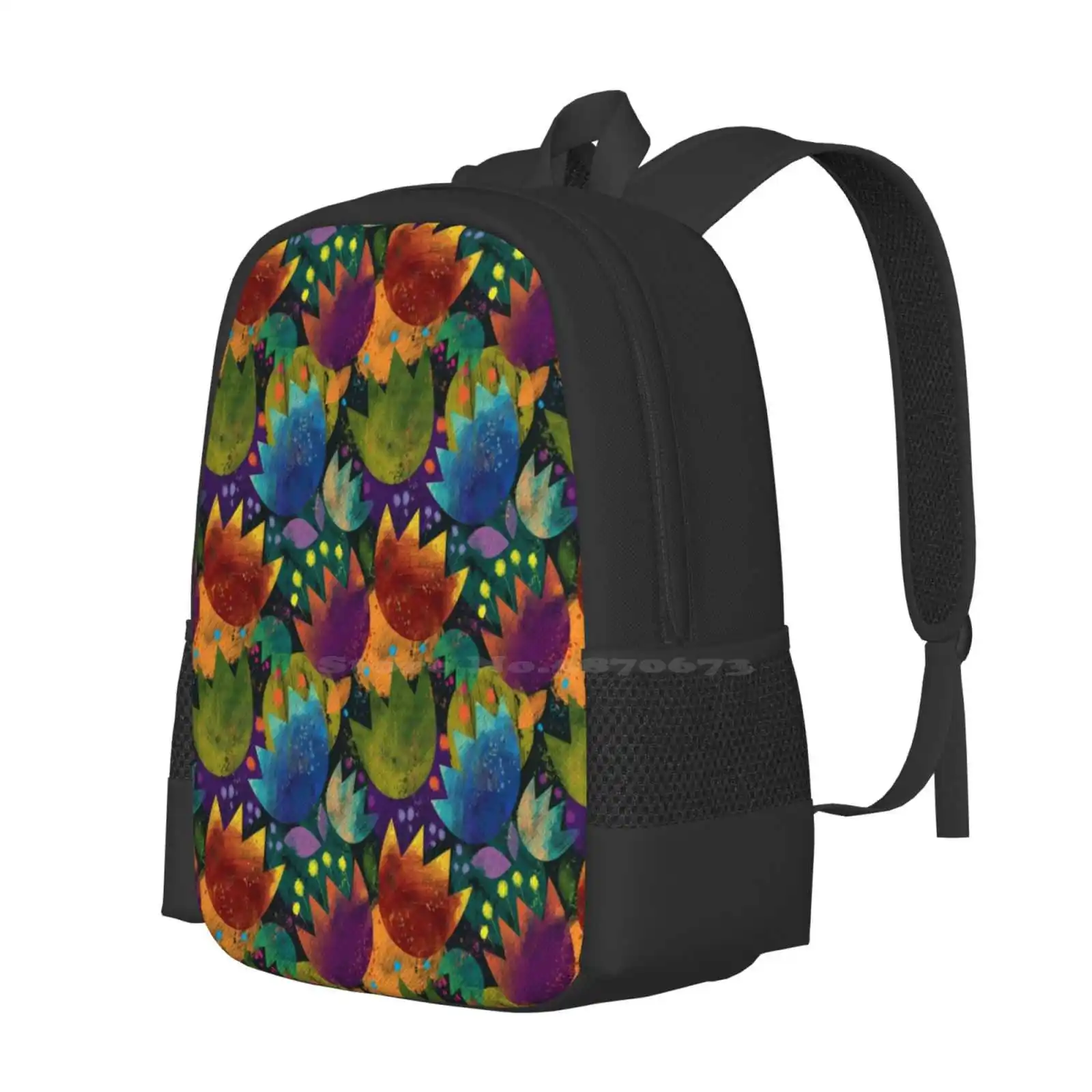 Flowers Backpack For Student School Laptop Travel Bag Flowers Floral Colours Texture Pattern Nature Happy Cheerful Brush