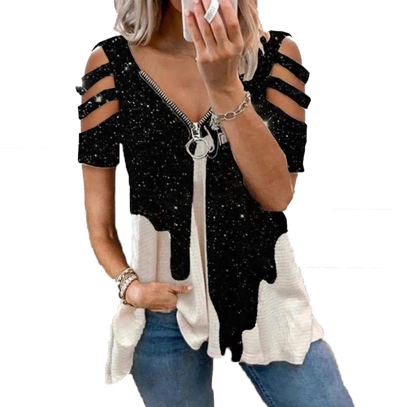 Camiseta de gran tamaño con estampado Floral para mujer, Top informal elegante con cremallera y cuello en V, ropa Sexy de talla grande para mujer 2022