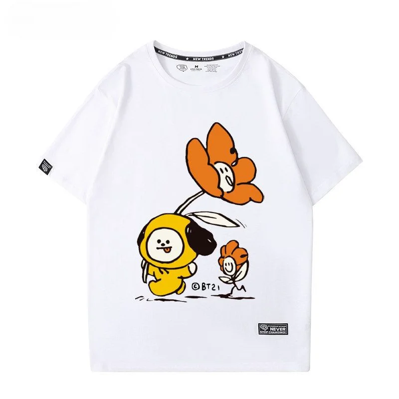 Bt21 Pure Cotton Cartoon T-shirt TATA COOKY KOYA Y2K Summer Kawaii Loose Couple Casual Print Short-Sleeved