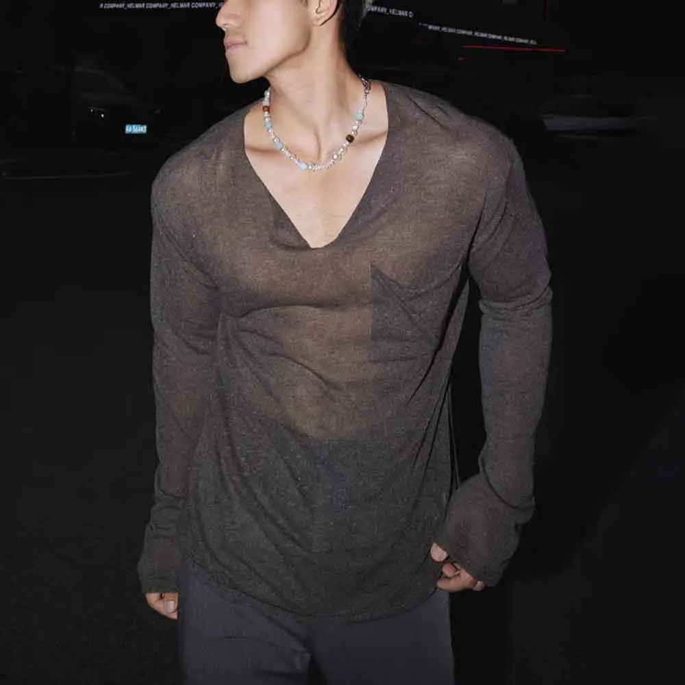 

Autumn Men's Solid Color Long-Sleeved Perspective T-Shirt American Retro Fashion Trend Loose Casual Niche Breathable Men's Tops