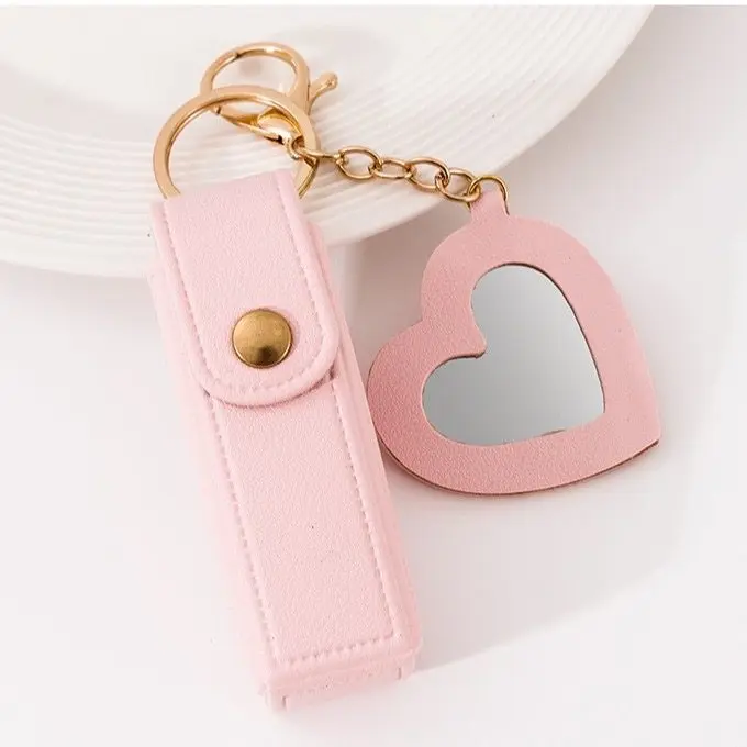 Laser Engrave Blank Heart Keychain Customized Logo Portable Mirror Lipstick Bag Leather Key Chain Personalize Ring Name Keyring