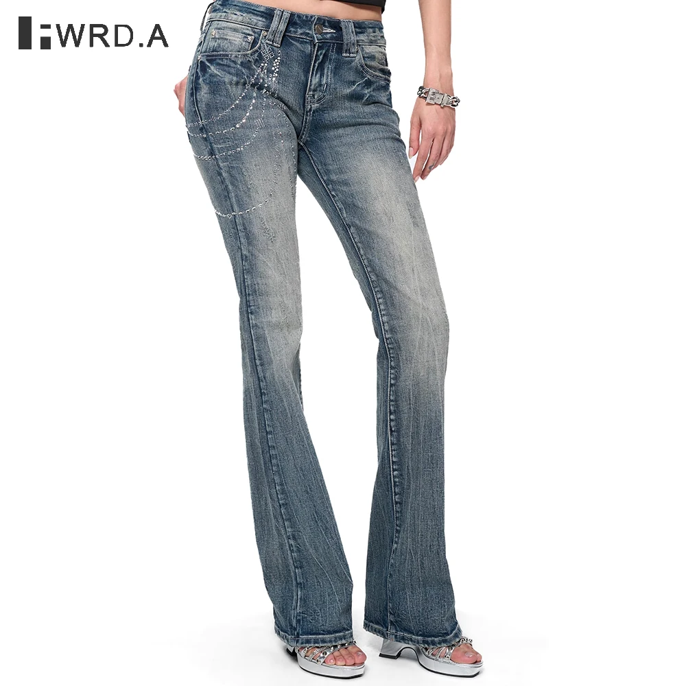 

FWRD 2025 Новые женские сверхпрочные джинсы с низкой посадкой, винтажные синие расклешенные эластичные джинсы скинни, летний сексуальный стиль Y2K для девочек # FWRD6006