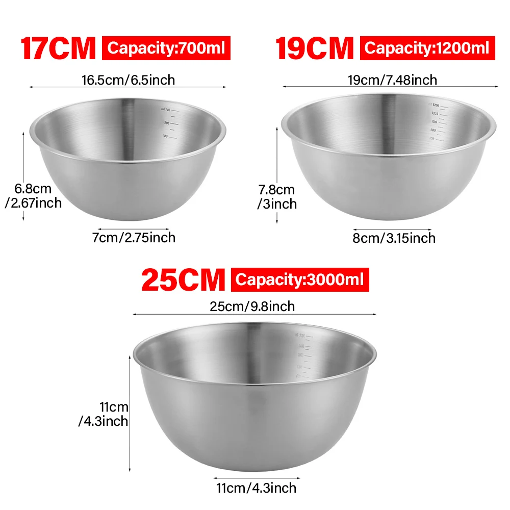 3pc/1Set 17/19/25CM Stainless Steel Gold And Silver Salad Bowl Rice Noodles Lamian Noodles Bowl Kitchen Tableware Food Container