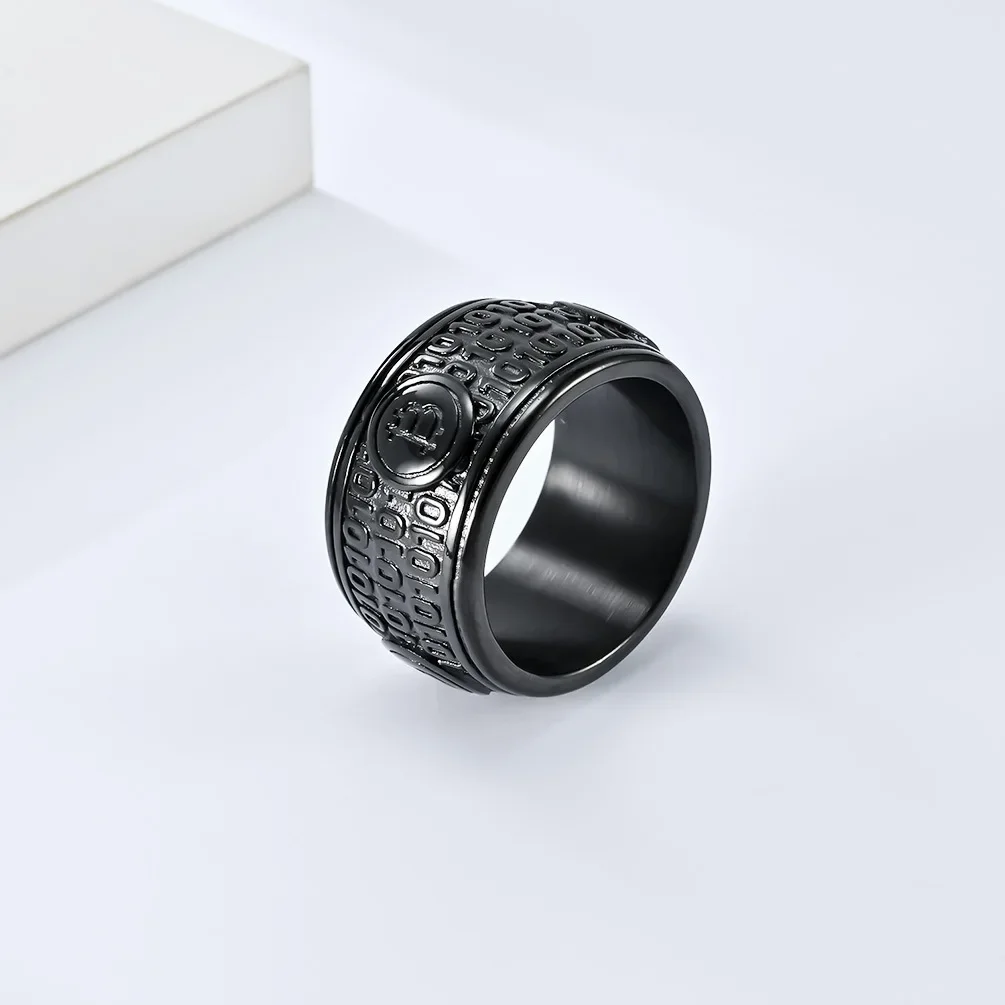 Large Big Stainless Steel Statement Bitcoin Silver Black Gold Plated Ring Hip Hop Jewelry for Men