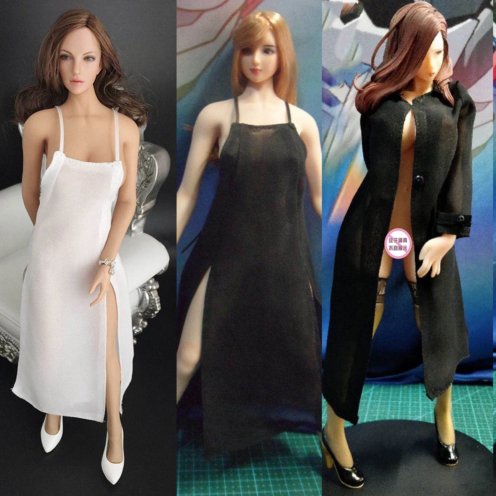 Black/White Color 1/6 Slip Dress High Split Evening Long Skirts Long Cardigan Shirt Model for 12 inches Action Figure