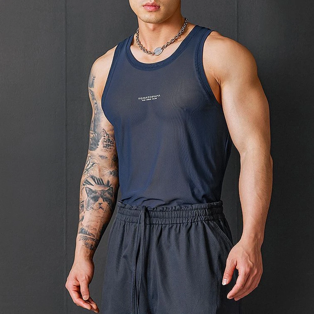 Men's Mesh See-Through Sleeveless Vest American Retro Sexy Fashion Trend Leisure Loose Breathable Niche Summer New Men's Tops