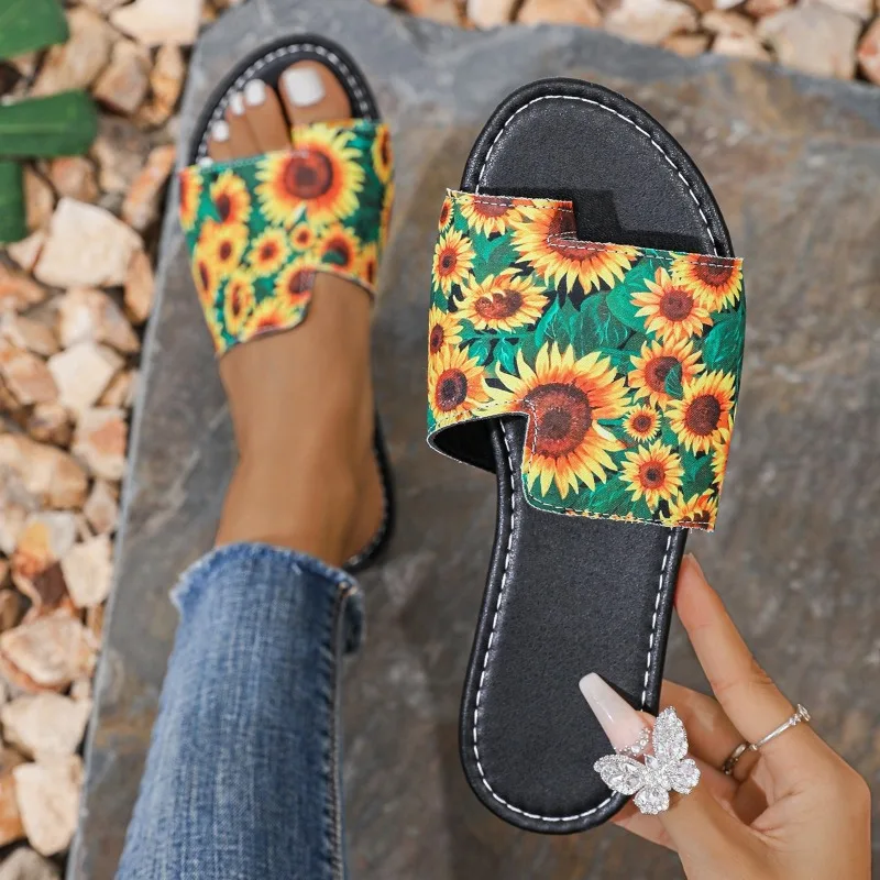 New Summer Women's Slippers Open Toe Flat Shoes for Women Slip on Outdoor Platform Flower Slides Anti-slip Beach Causal Shoes